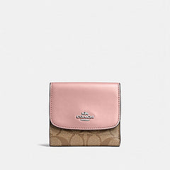 Coach F87589 Small Trifold Wallet Snap Pvc Leather Khaki Petal Pink
