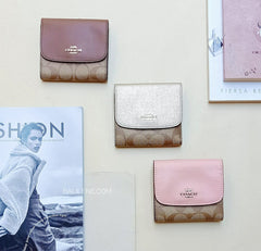 Coach F87589 Small Trifold Wallet Snap Pvc Leather Khaki Petal Pink