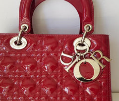 Dior Mini Lady Bag With Chain In Cherry Red Patent Cannage Calfskin