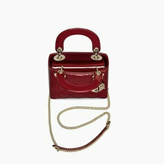Dior Mini Lady Bag With Chain In Cherry Red Patent Cannage Calfskin