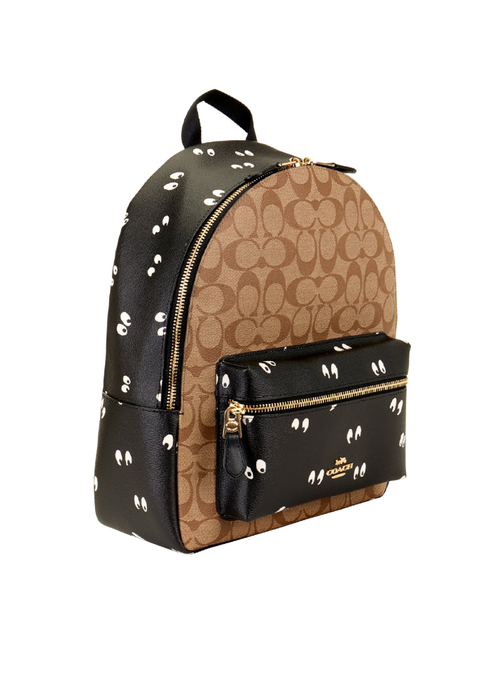 Disney X Coach F72816 Medium Charlie Backpack In Signature Canvas With Snow  White And The Seven Dwarfs Eyes Print Khaki Multi