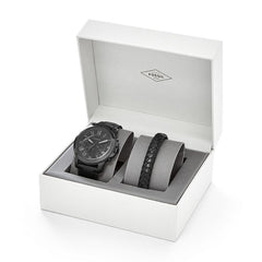 Fossil FS5147SET Grant Chronograph Black Leather Watch And Bracelet Set