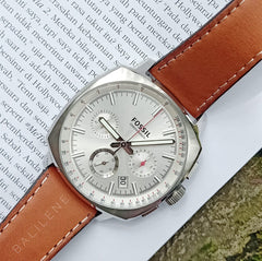 Fossil Ch2985 Haywood Chronograph Dial Silver Tan Leather Watch