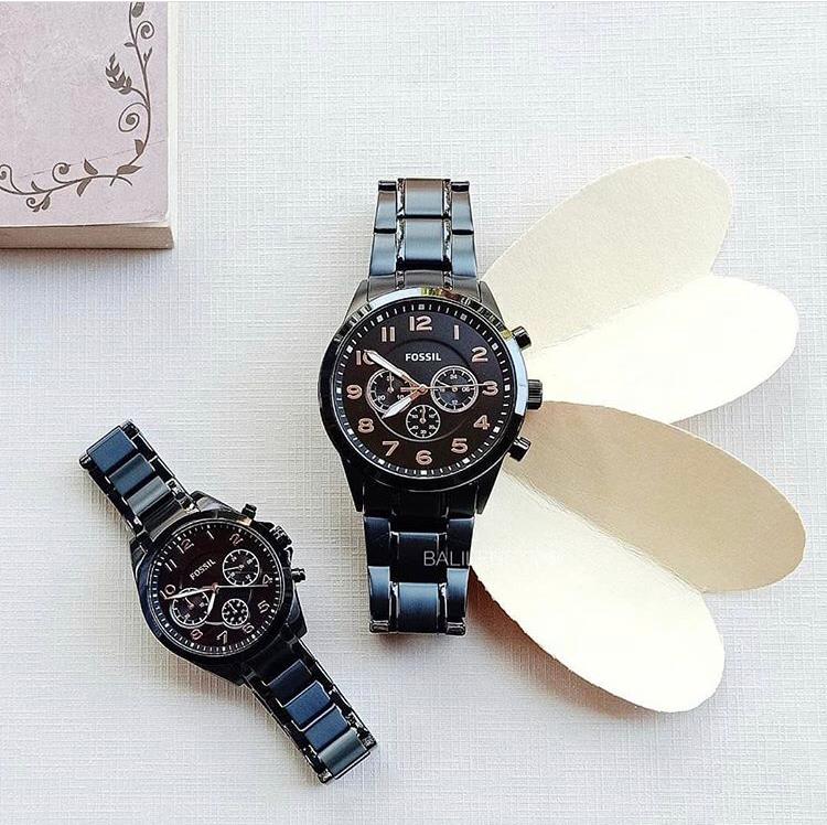 His and her chronograph black stainless steel watch gift set sale