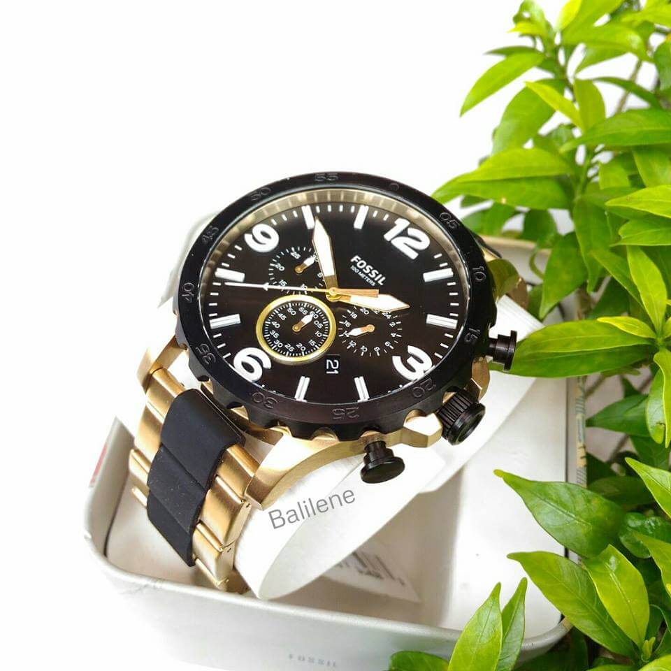 Fossil JR1526 Nate Chronograph Gold tone Stainless Steel Black Silicone