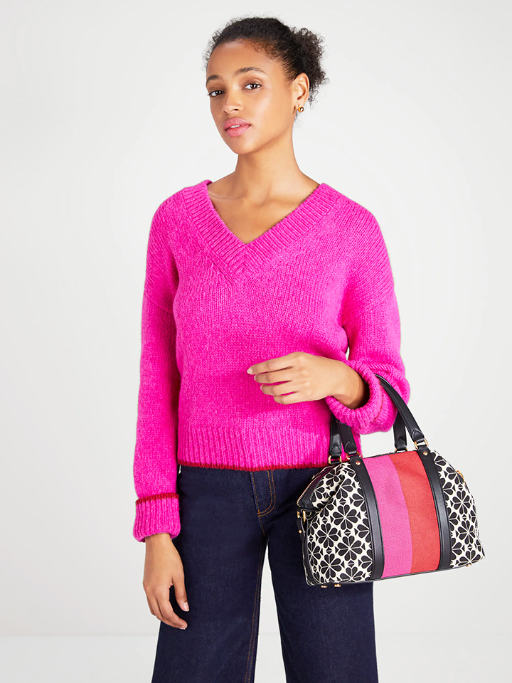 Kate-Spade-Flower-Jacquard-Stripe-Faye-Medium-Satchel-Cream-Multi-Balilene-onmodel