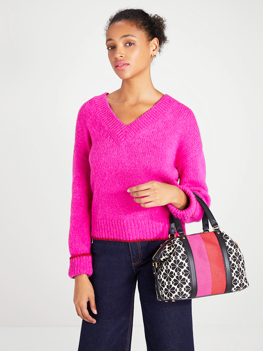 Kate-Spade-Flower-Jacquard-Stripe-Faye-Medium-Satchel-Cream-Multi-Balilene-onmodel