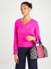 Kate-Spade-Flower-Jacquard-Stripe-Faye-Medium-Satchel-Cream-Multi-Balilene-onmodel