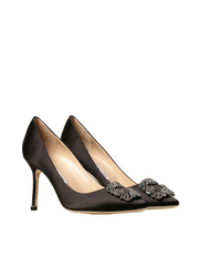 Manolo Blahnik Hangisi 90MM Satin Pumps With FMC Crystal Buckle Black