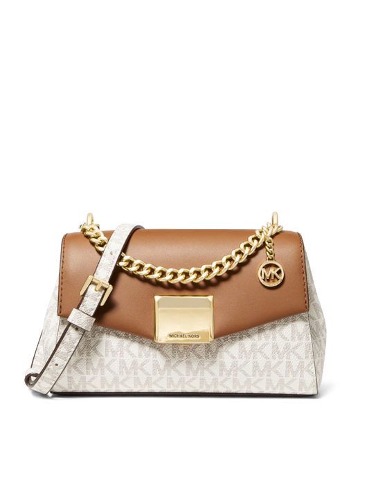 Michael Kors 35H0GXPC1V Lita Small Two-Tone Logo and Leather Crossbody Bag Vanilla