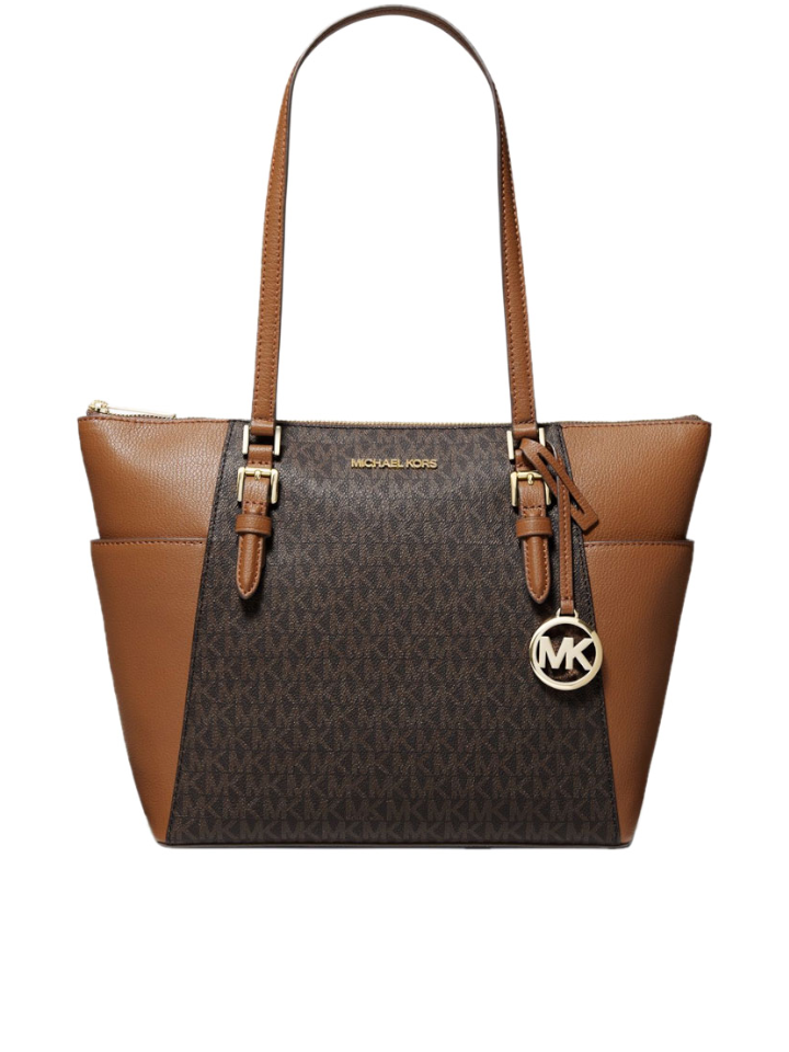 Michael-Kors-Charlotte-Large-Logo-and-Leather-Top-Zip-Tote-Bag-Brown-Balilene-depan