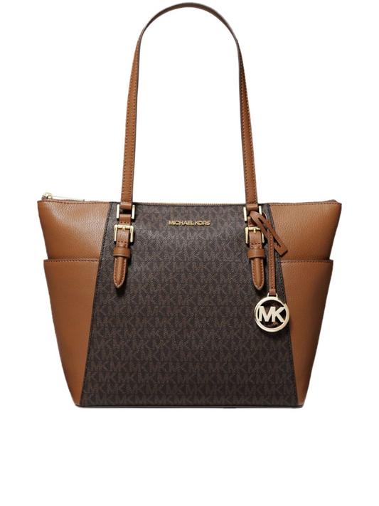 Michael-Kors-Charlotte-Large-Logo-and-Leather-Top-Zip-Tote-Bag-Brown-Balilene-depan
