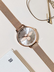 Olivia Burton 3D Bee Rose Gold Mesh Bracelet Watch + Gift Bee Pin Set