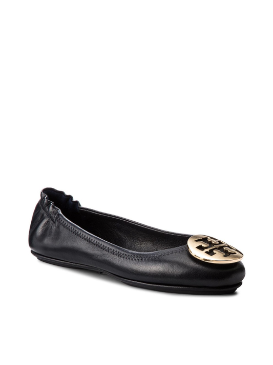 Tory-Burch-50393-Minnie-Travel-Ballet-With-Metal-Logo-Nappa-Black-Balilene-depan