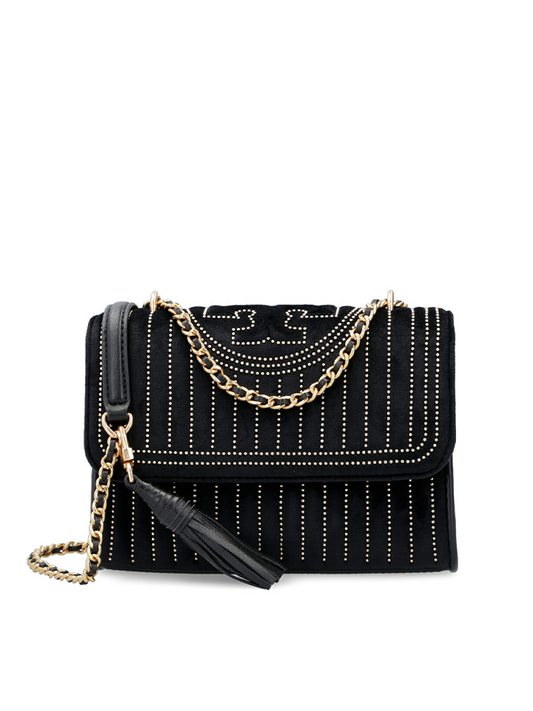 Tory Burch 56277 Fleming Mini Stud Velvet Small Shoulder Bag Black