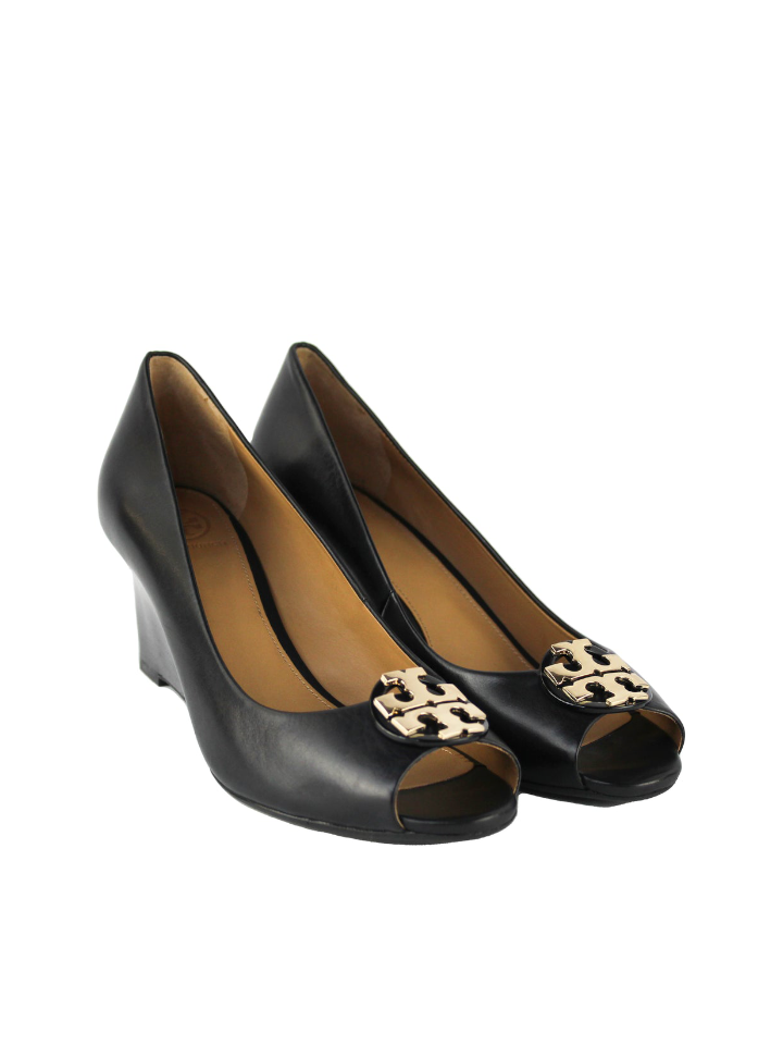 Tory burch black 2025 peep toe wedge