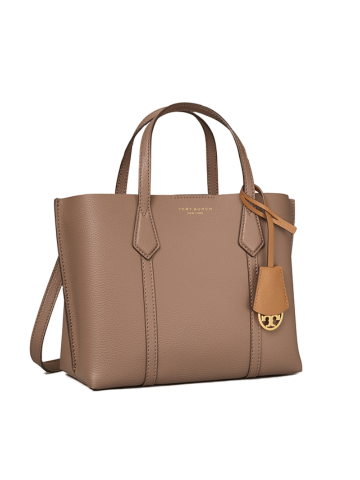 T.O.R.Y B.U.R.C.H 81928 Small Perry Triple-Compartment Tote Bag in Light  Umber Italian Pebbled Leather - Women's Bag with Crossbody Strap