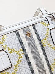 Tory Burch 82593 T Monogram Canvas Floral Vine Top-Zip Tote Ivory