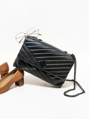 Tory Burch 82775 Kira Chevron Powder Coated Medium Convertible Shoulder Bag Black