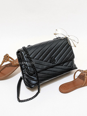 Tory Burch 82775 Kira Chevron Powder Coated Medium Convertible Shoulder Bag Black