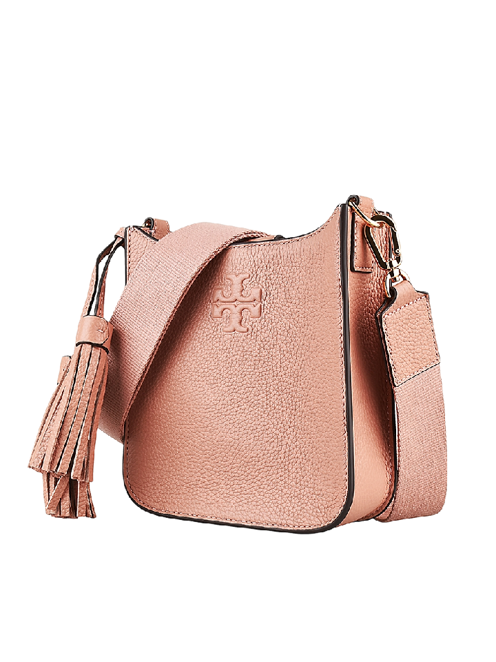Tory Burch (87899) Thea Mini Pink Moon Pebbled Leather Web Satchel  Crossbody Bag
