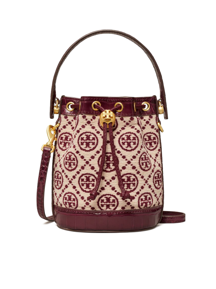 Tory-Burch-88469-T-Monogram-Mini-Chenille-Bucket-Bag-Claret-New-Cream-Balilene-depan
