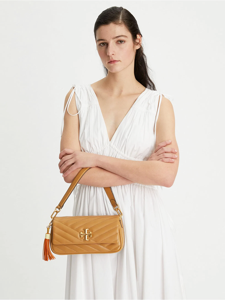 Tory-Burch-90458-Kira-Chevron-Tassel-Small-Flap-Shoulder-Bag-Almond-Brown-Balilene-onmodel