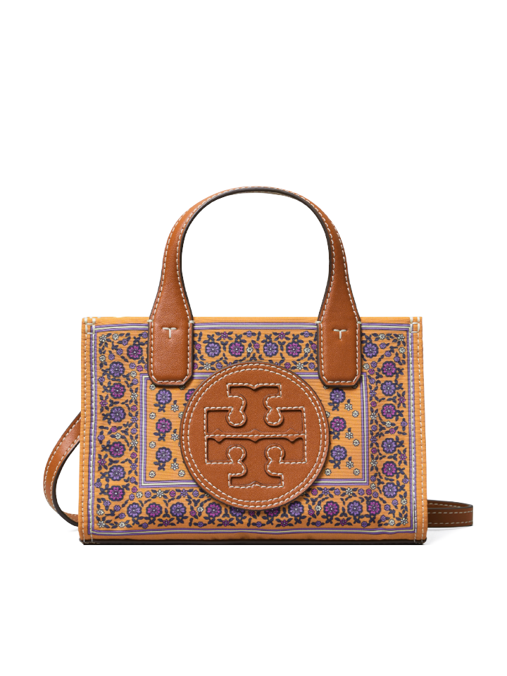 Tory-Burch-Ella-Printed-Mini-Tote-Brown-Floral-Daisy-Border-Balilene-depan