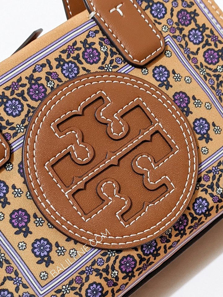 Tory-Burch-Ella-Printed-Mini-Tote-Brown-Floral-Daisy-Border-Balilene-detail-logo