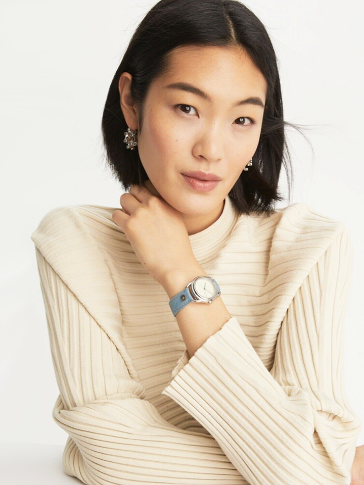 Tory-Burch-Miller-Watch-Light-Blue-Suede-Silver-Tone-Stainless-Steel-Balilene-onmodel