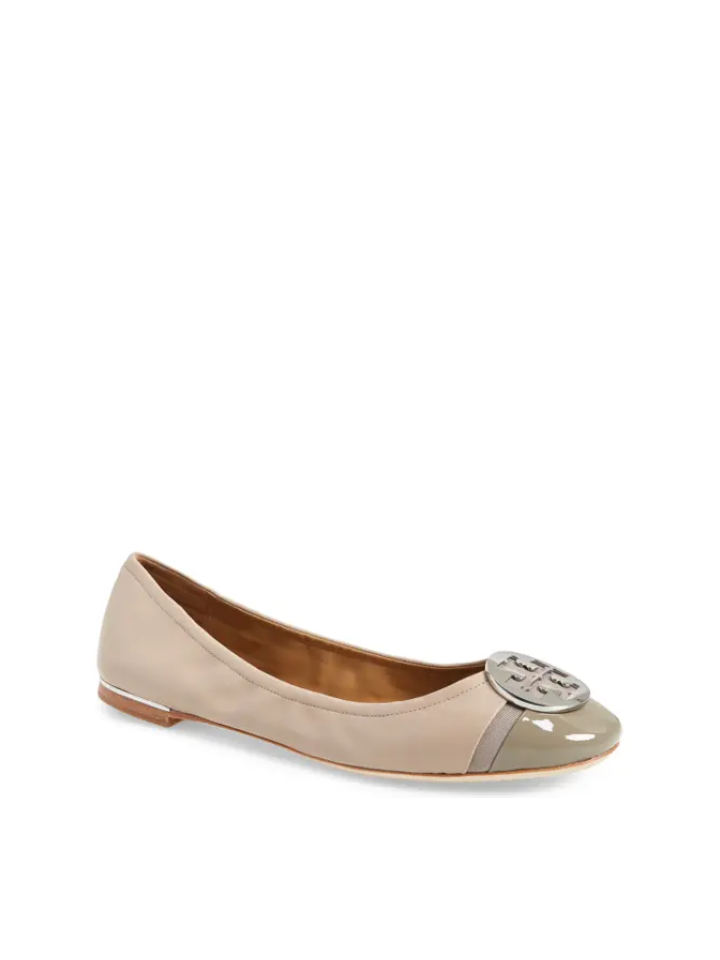 Tory Burch Minnie Patent Cap Toe Ballet Flat Light Taupe Gray