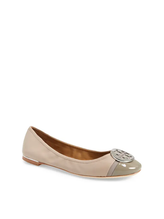 Tory Burch Minnie Patent Cap-Toe Ballet Flat Light Taupe/Gray