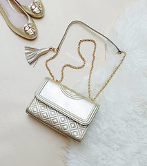 Tory Burch 52340 Fleming Metallic Small Convertible Shoulder Bag White Gold