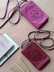 Tory Burch 52863 Charlie Cross Body Mini Phone Case Leather Handbag Party Fuschia