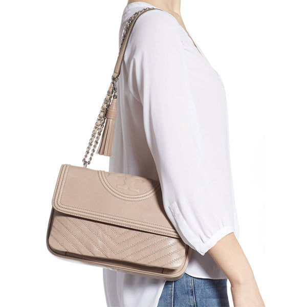 Tory Burch 54285 Fleming Distressed Flap Shoulder Bag Taupe Balilene