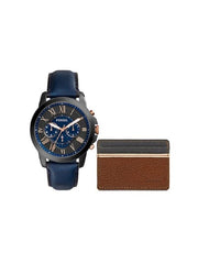 Fossil FS5252SET  Men's Chronograph Grant Blue Leather Strap Watch & Leather Card Wallet Box