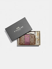 Coach F80151 Corner Zip Box Wristlet Signature Metalik Khaki Wine