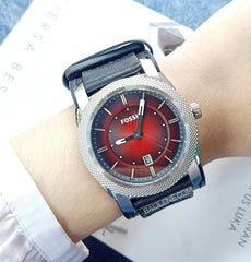 Fossil C241002 Red Tone Round Black Leather Band