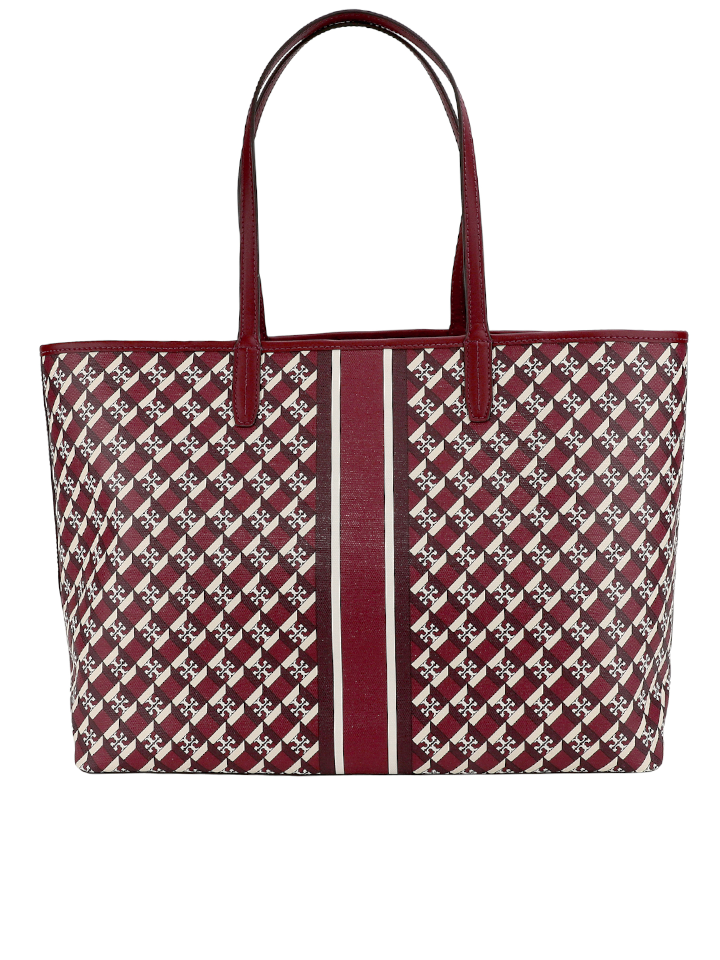 NWT Tory Burch 89762 Geo Logo With Stripe Tote In Crimson Red Canvas  Leather Bag