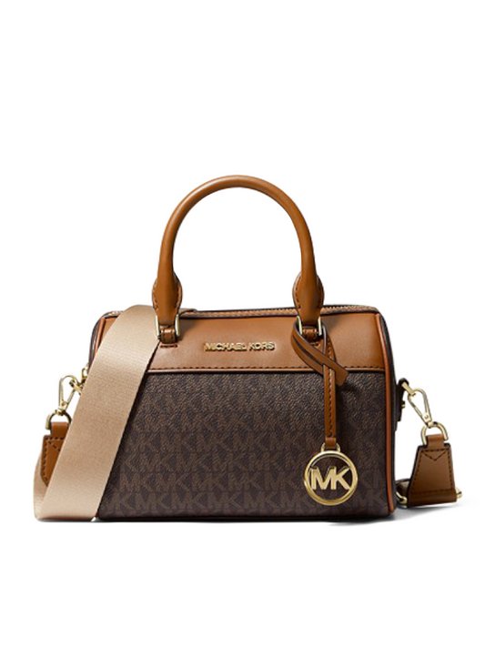 gambar-depan-Michael-Kors-Travel-Extra-Small-Logo-And-Faux-Leather-Duffle-Crossbody-Bag-Brown