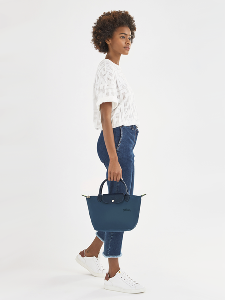 on-model-Longchamp-Le-Pliage-Green-Small-Top-Handle-Bag-Ocean-Blue