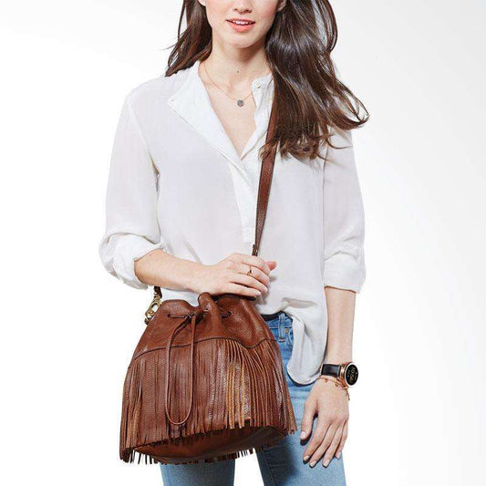 tas-ZB6791200-Fossil Jules Large Fringe Drawstring Satchel Bag Brown-Balilene