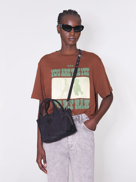 Bimba-Y-Lola-Small-Black-Nylon-Tote-Bag-with-Silver-Hardware-Balilene-onmodel