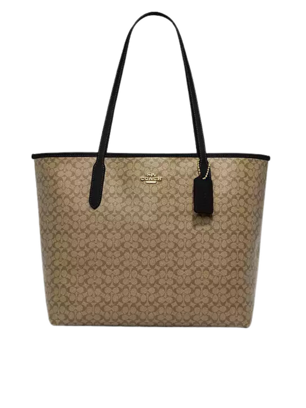 Coach City Tote Bag In Micro Signature Canvas Khaki Black Balilene