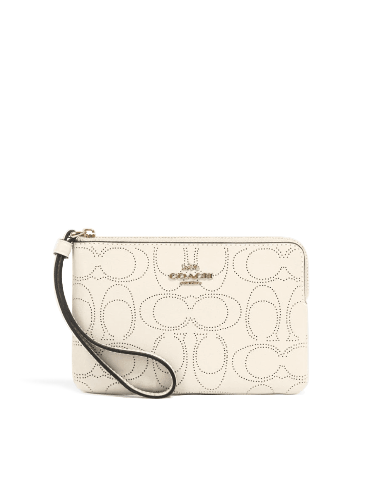 Coach Corner Zip Wristlet In Signature Leather Chalk Balilene