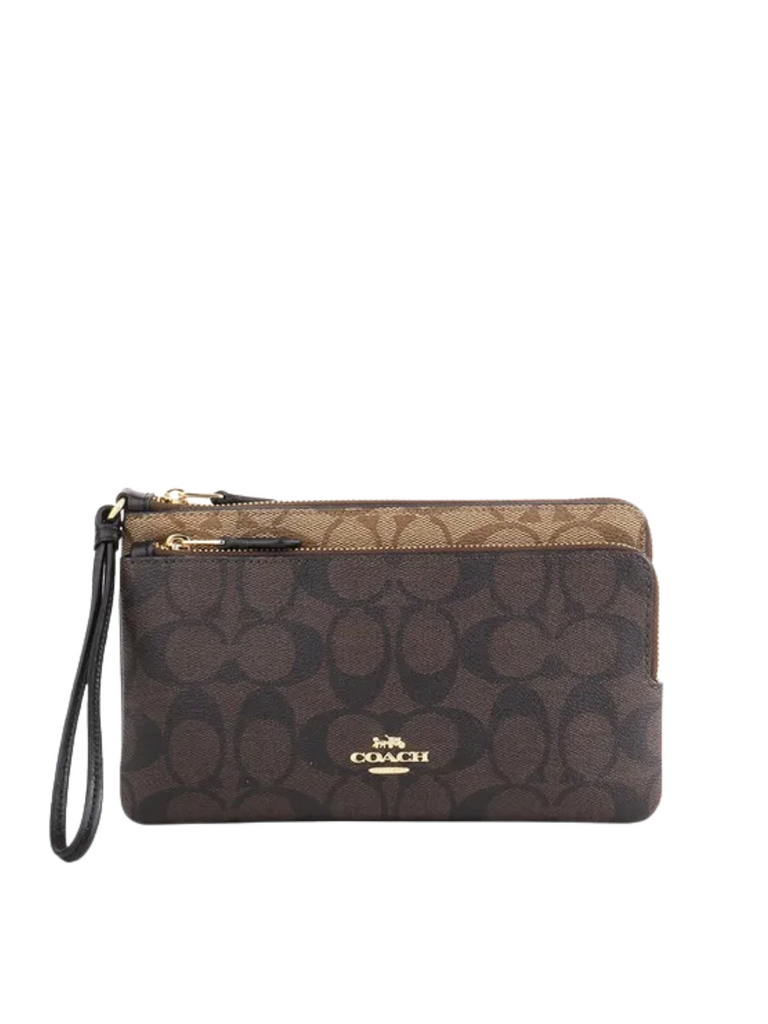 Coach-Double-Zip-Wallet-Blocked-Signature-Khaki-Brown-Multi