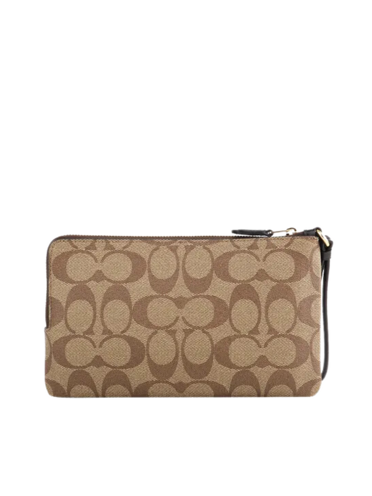 Coach-Double-Zip-Wallet-Blocked-Signature-Khaki-Brown-Multi