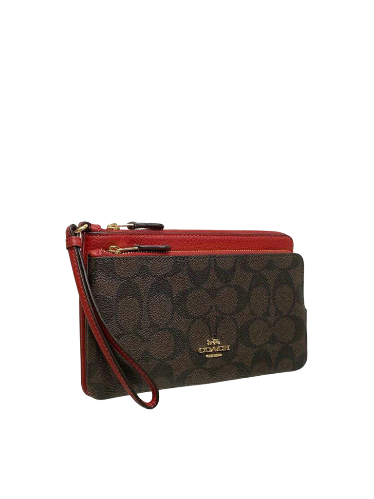 Coach Double Zip Wallet In Signature Canvas Brown Red