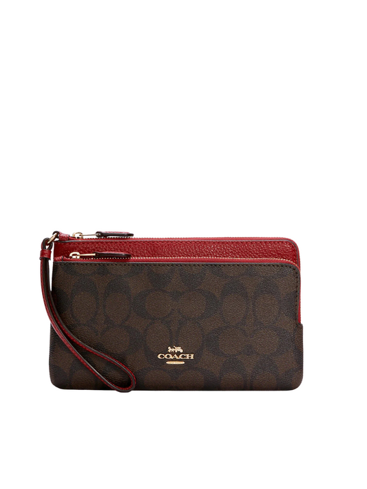 Coach-Double-Zip-Wallet-Signature-Khaki-Brown-Red