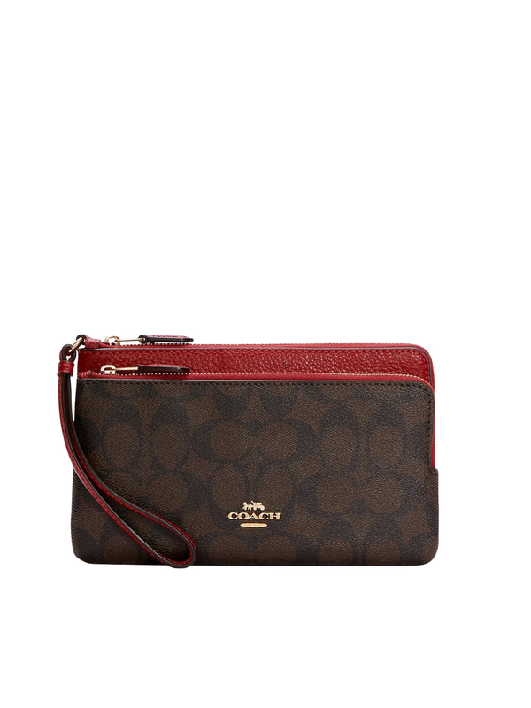 Coach Double Zip Wallet In Signature Canvas Brown Red